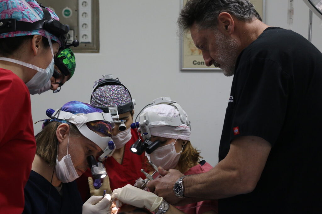 Supervising surgeon guiding a trainee during FUE training at HLC Hairline Clinic, Ankara