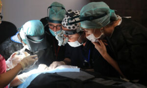Supervising surgeon guiding trainees at close range during an FUE workshop at HLC Hairline Clinic, Ankara